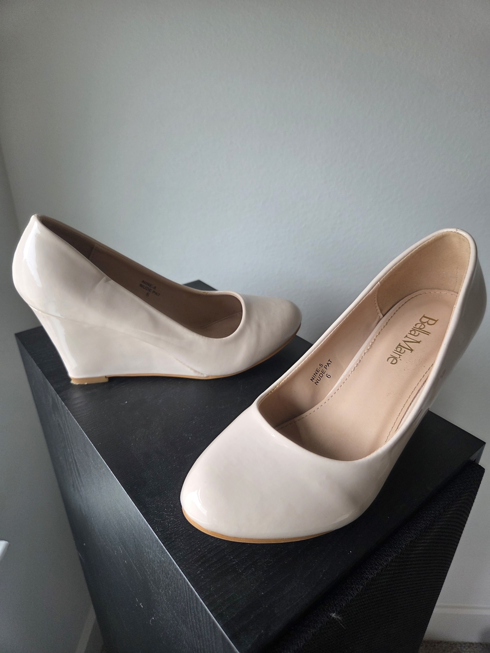 Bella Marie Patent Wedge Pumps in Cream